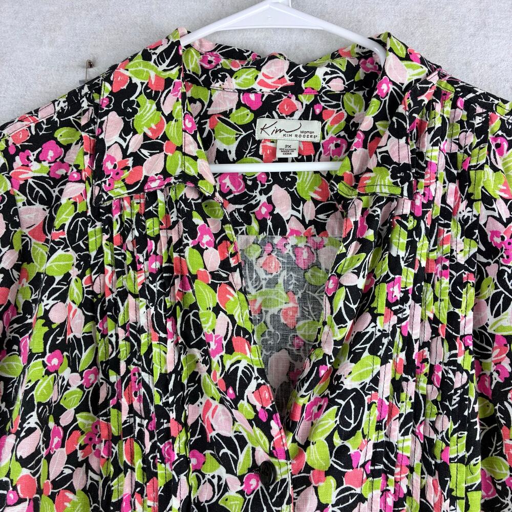Kim Rogers 100% Linen Floral Button Up Blouse Women's 2X Pleat Front 3/4 Sleeve - Picture 7 of 12